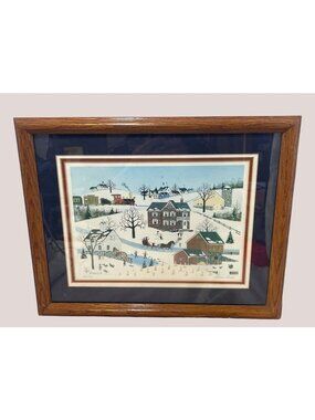 Winter Village Scene Signed Lithograph By Barbara Steele Framed & Matted Limited